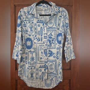 Calypso St. Barth Blue White Linen Button Down Shirt Coastal Size L